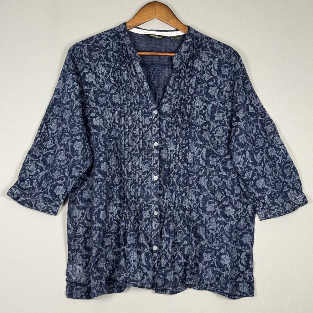 Eddie Bauer Blouse Women XXL Navy Blue NWOT Floral Crinkle Pintuck Y2K Top